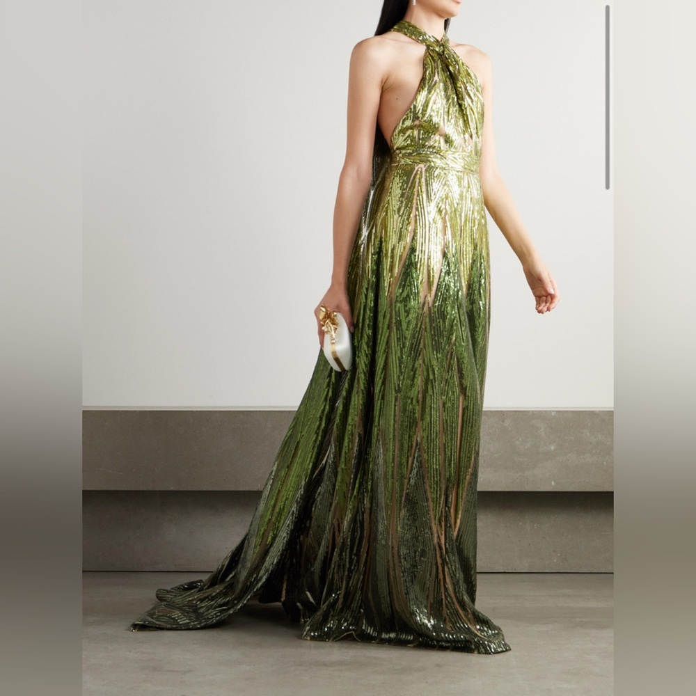 Elie Saab Green and Metallic Cape effect Halterneck Dress
